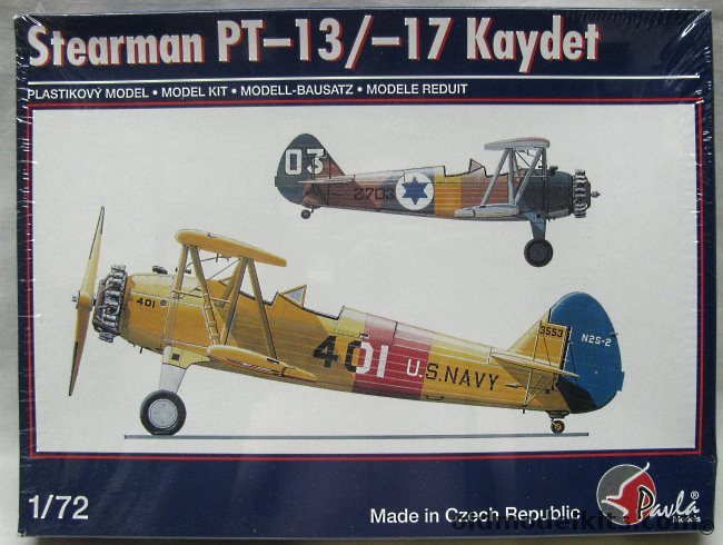 Pavla 1/72 Stearman PT-13 / PT-17 Kaydet - US Navy N2S-2 NAS Pensacola Spring 1941 / US Army Stage Commander Randolph Field Texas 1937 / Israeli Air Force Hertzelia or Kfar Sirkin Base December 1949, 72042 plastic model kit